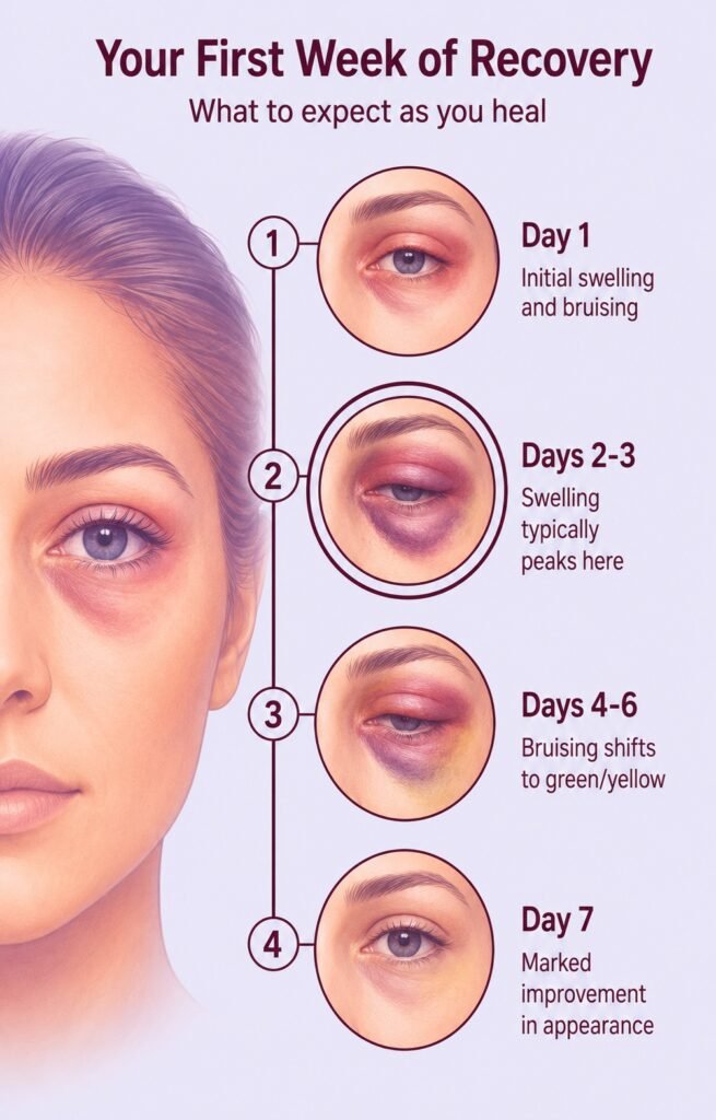 Blepharoplasty recovery timeline showing healing and bruising reduction from day 1 to 7.