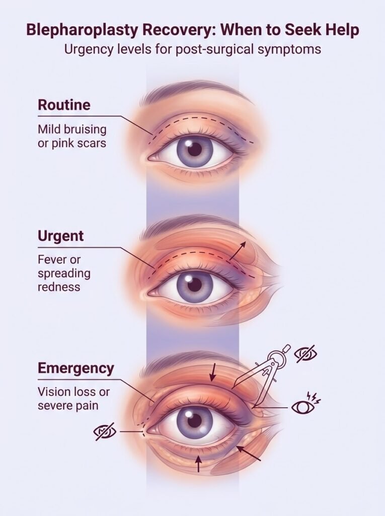 Blepharoplasty recovery guide illustrating routine, urgent, and emergency post-surgical eye symptoms.