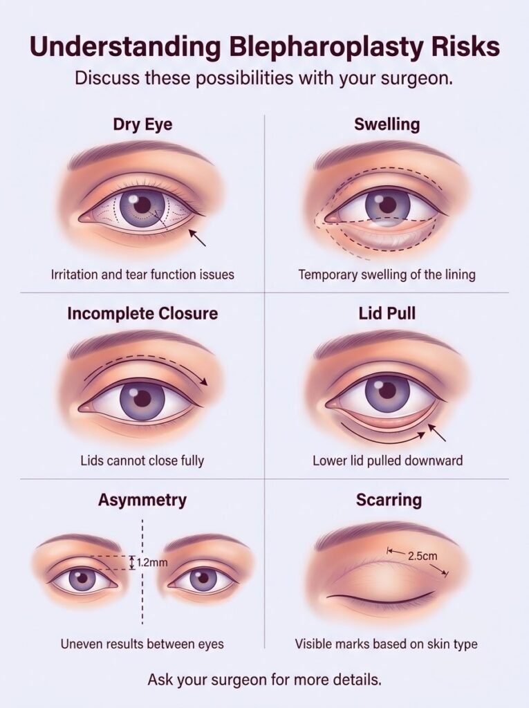 Educational illustration of potential blepharoplasty risks including dry eye, asymmetry, and scarring