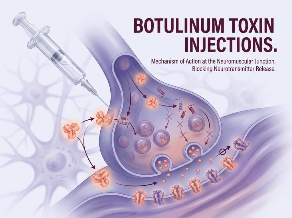 Medical diagram illustrating Botulinum Toxin injections blocking neurotransmitter release at neuromuscular junctions.