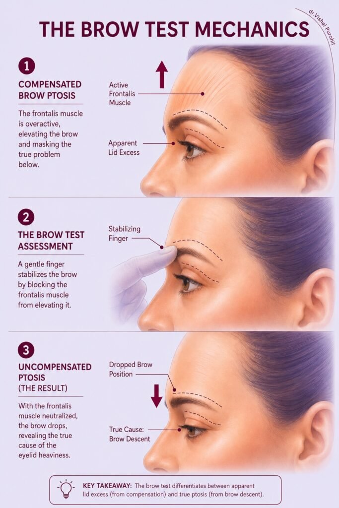 Medical illustration of the brow test for identifying brow ptosis vs eyelid excess