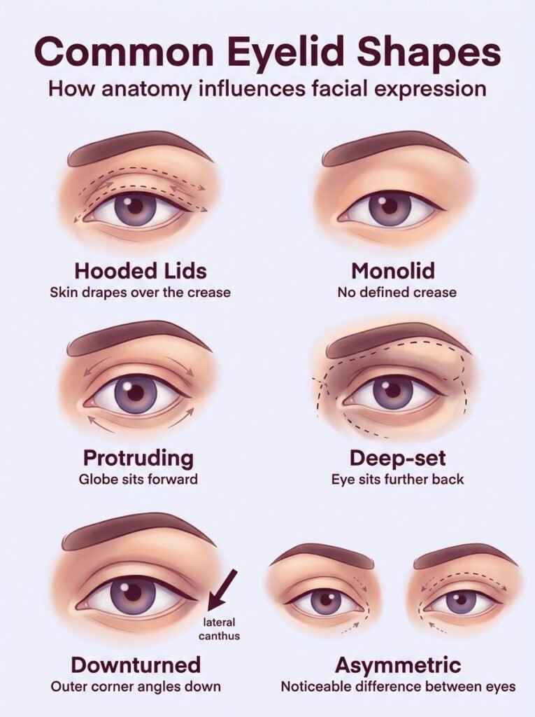 Comparison of common eyelid shapes for blepharoplasty and eyelid correction by Dr. Vishal Purohit