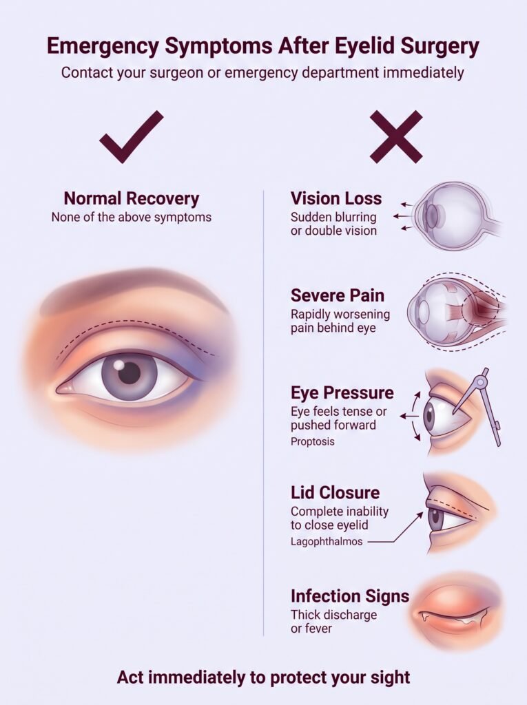 Blepharoplasty recovery guide showing normal vs emergency symptoms after eyelid surgery