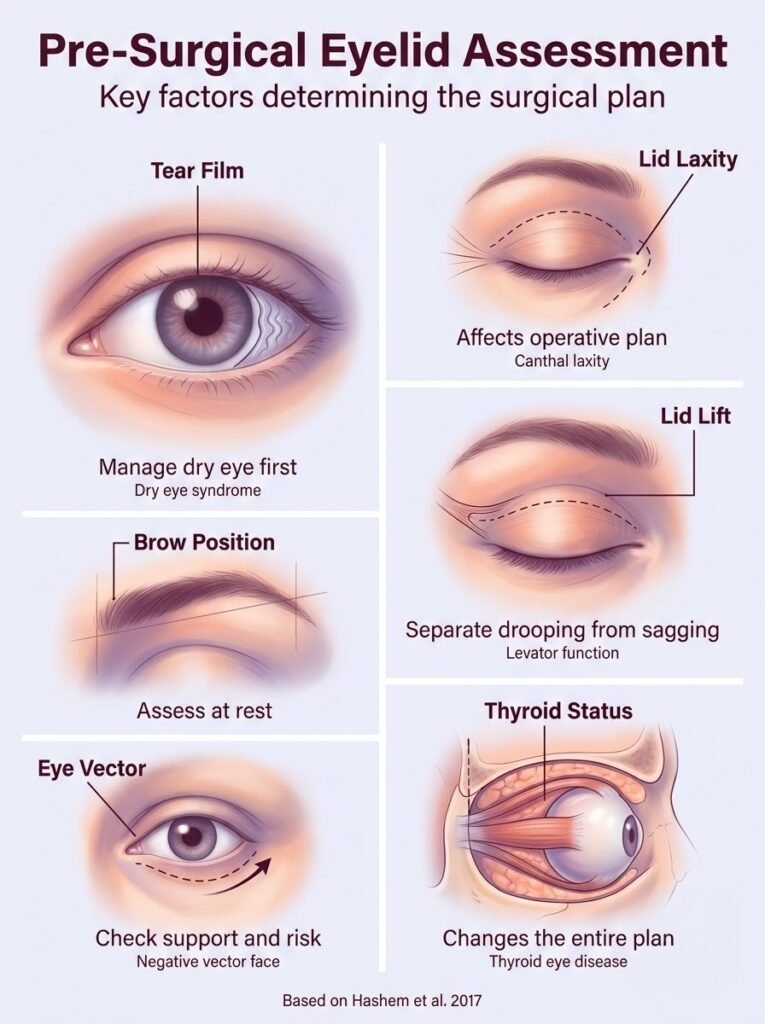Comprehensive pre-surgical eyelid assessment guide for blepharoplasty by Dr. Vishal Purohit