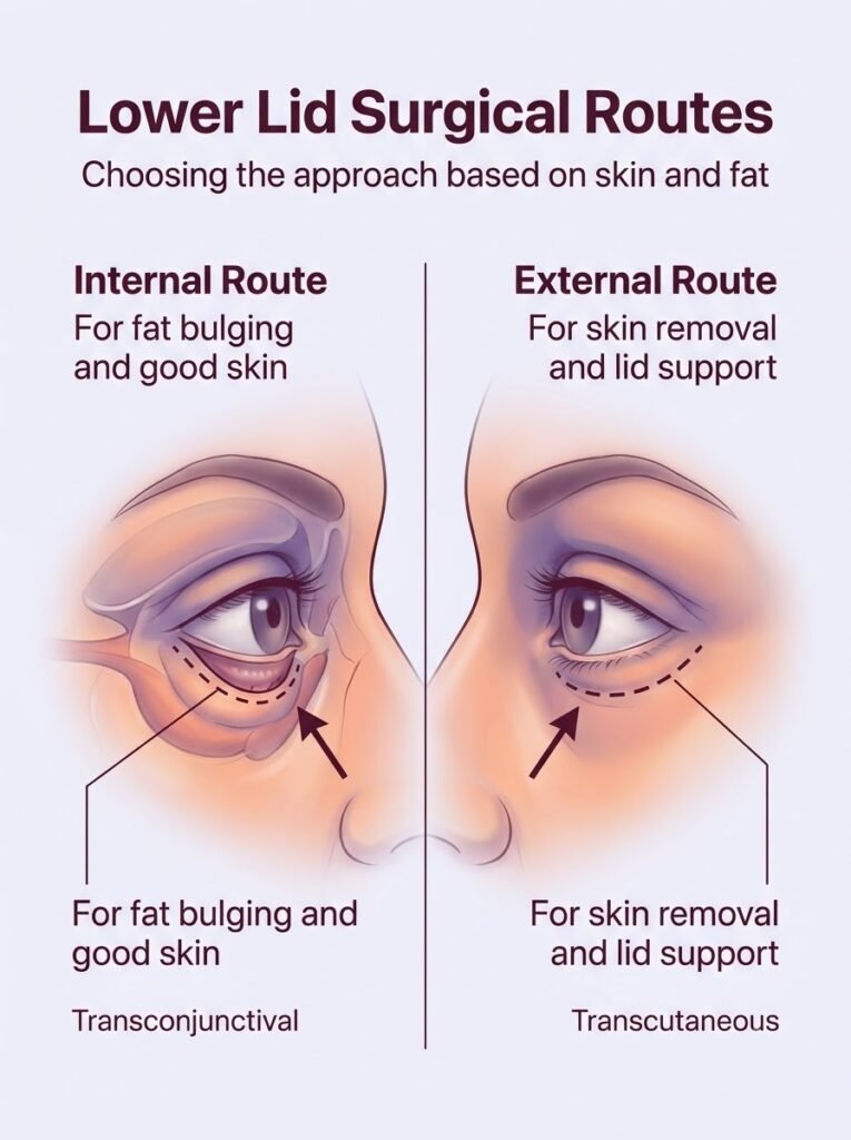 Comparison of transconjunctival and transcutaneous surgical routes for lower blepharoplasty eye bag removal.