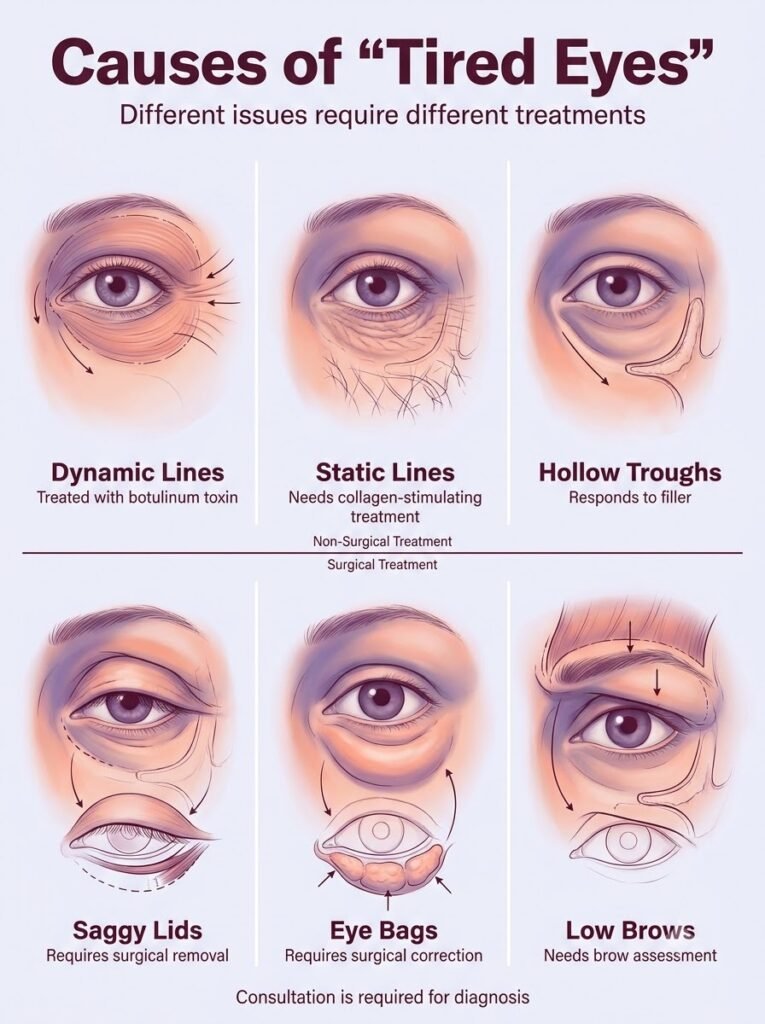Causes of tired eyes including saggy lids and eye bags treated by Dr. Vishal Purohit