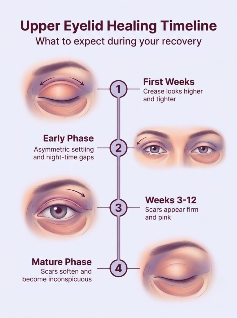Upper blepharoplasty healing timeline showing recovery phases from initial weeks to mature results.