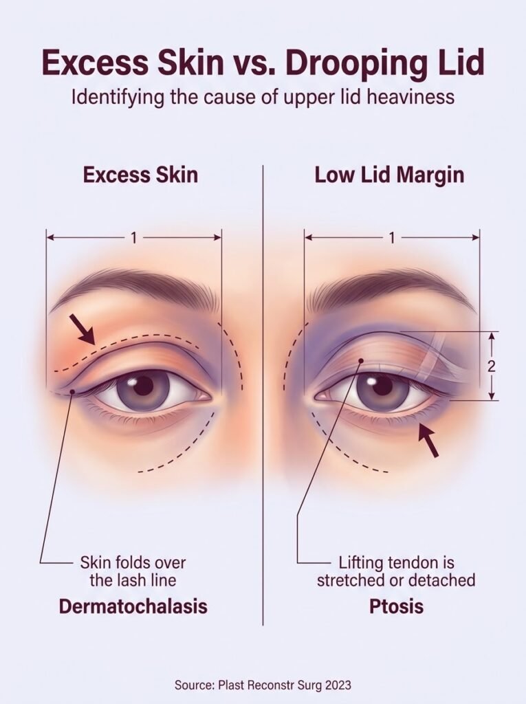 Comparison between Dermatochalasis excess skin and Ptosis drooping lid for eyelid surgery