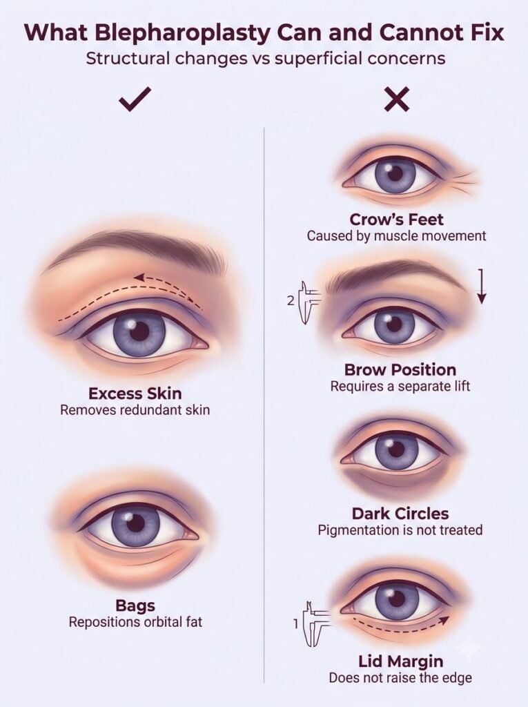 Infographic showing what blepharoplasty can and cannot fix for eyelid rejuvenation.