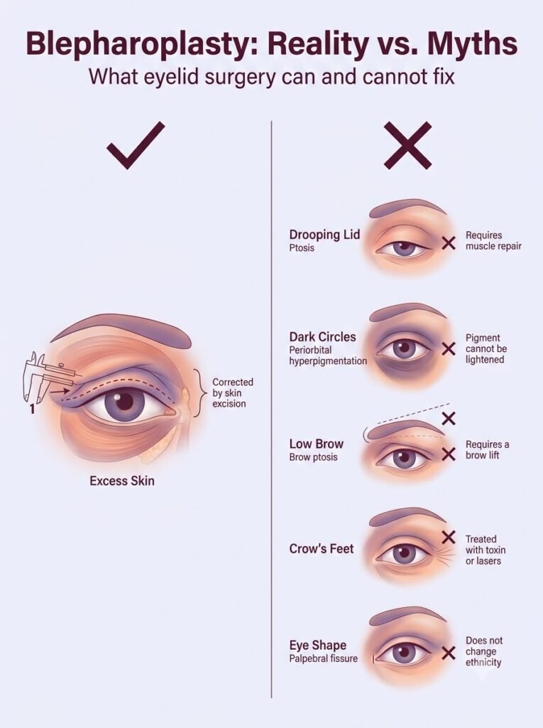 Blepharoplasty guide illustrating excess skin removal and eyelid surgery limitations.