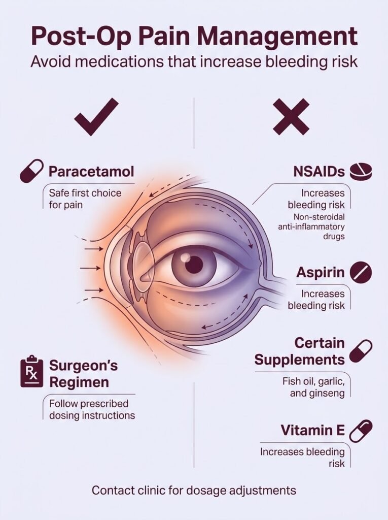 Post-operative pain management guide for blepharoplasty surgery highlighting safe medications to avoid bleeding.