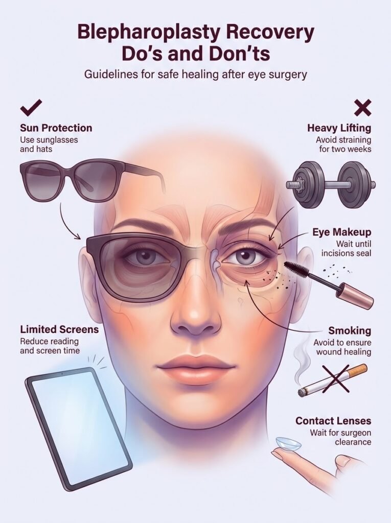 Blepharoplasty recovery guide showing do's and don'ts for eyelid surgery aftercare.