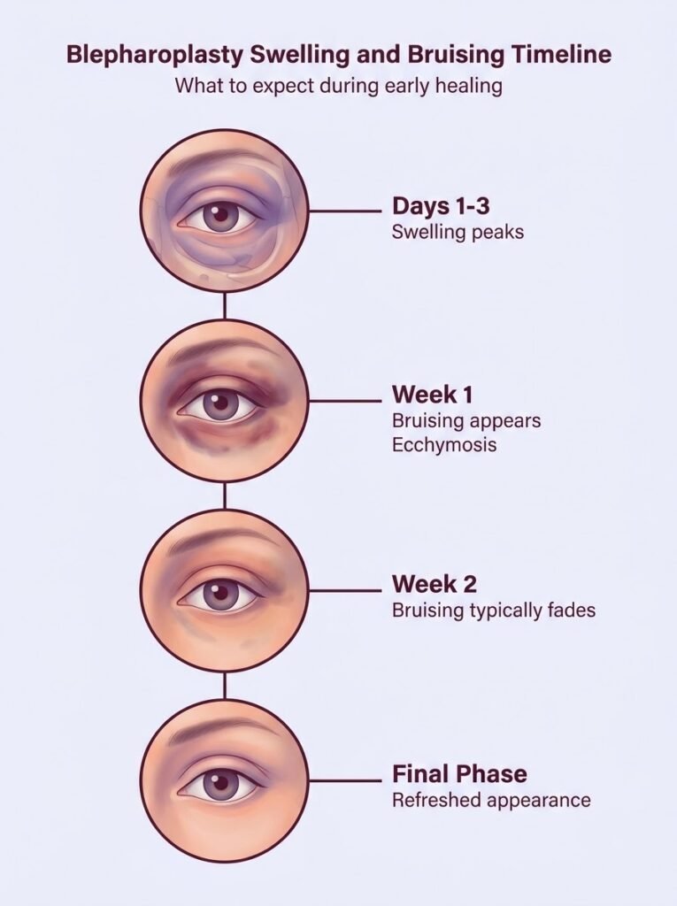 Blepharoplasty recovery timeline illustrating swelling and bruising stages after eyelid surgery.