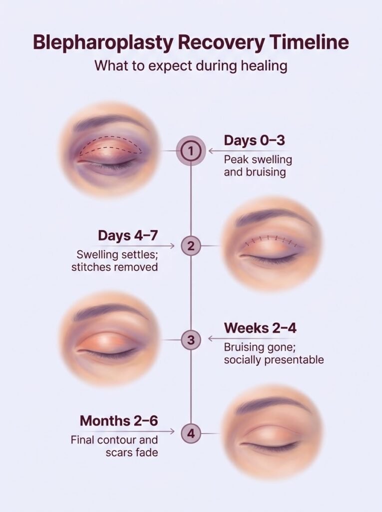 Blepharoplasty recovery timeline illustrating healing stages from day 0 to 6 months.