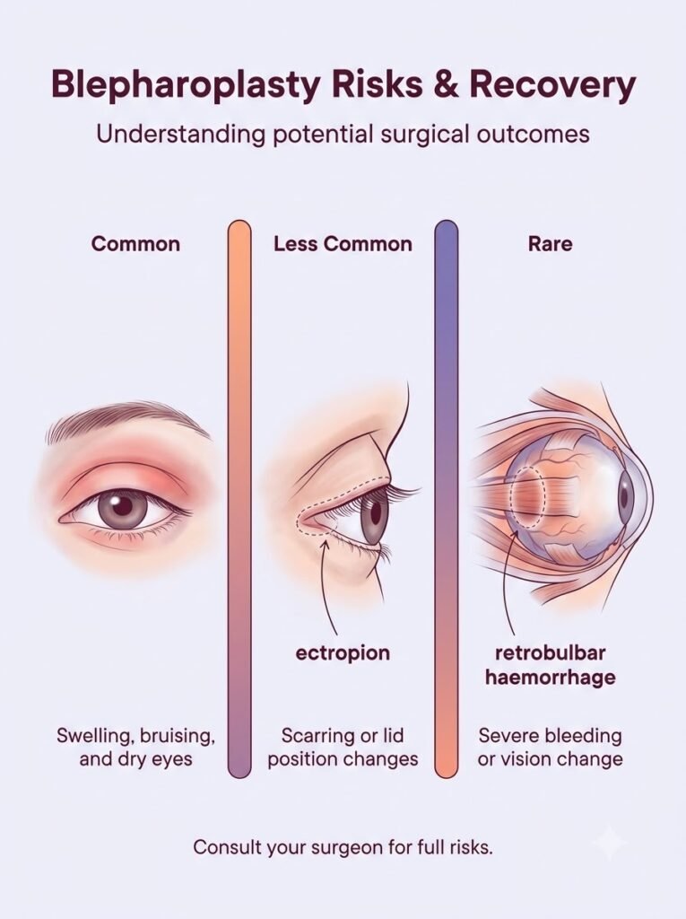 Blepharoplasty surgery risks and recovery guide showing common and rare complications.