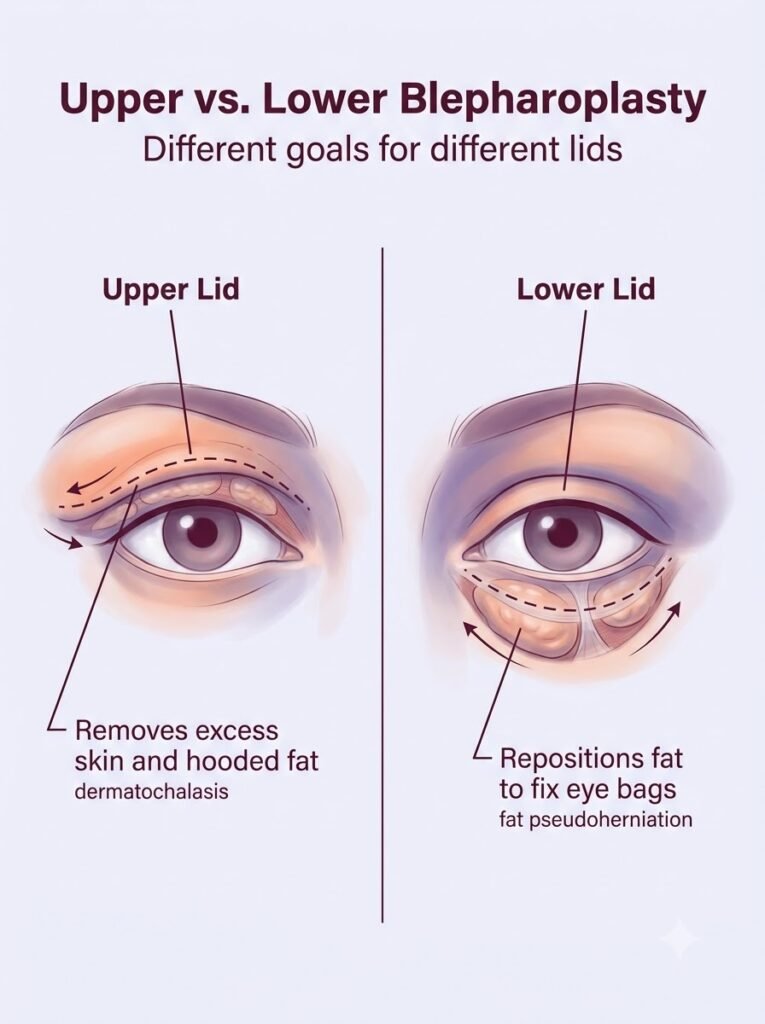 Upper and Lower Blepharoplasty for correcting hooded eyelids and under-eye bags.