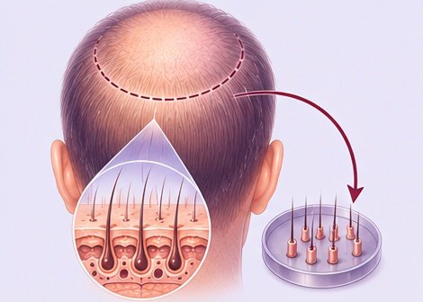 Hair transplant procedure for crown baldness showing follicular unit extraction by Dr. Vishal Purohit.